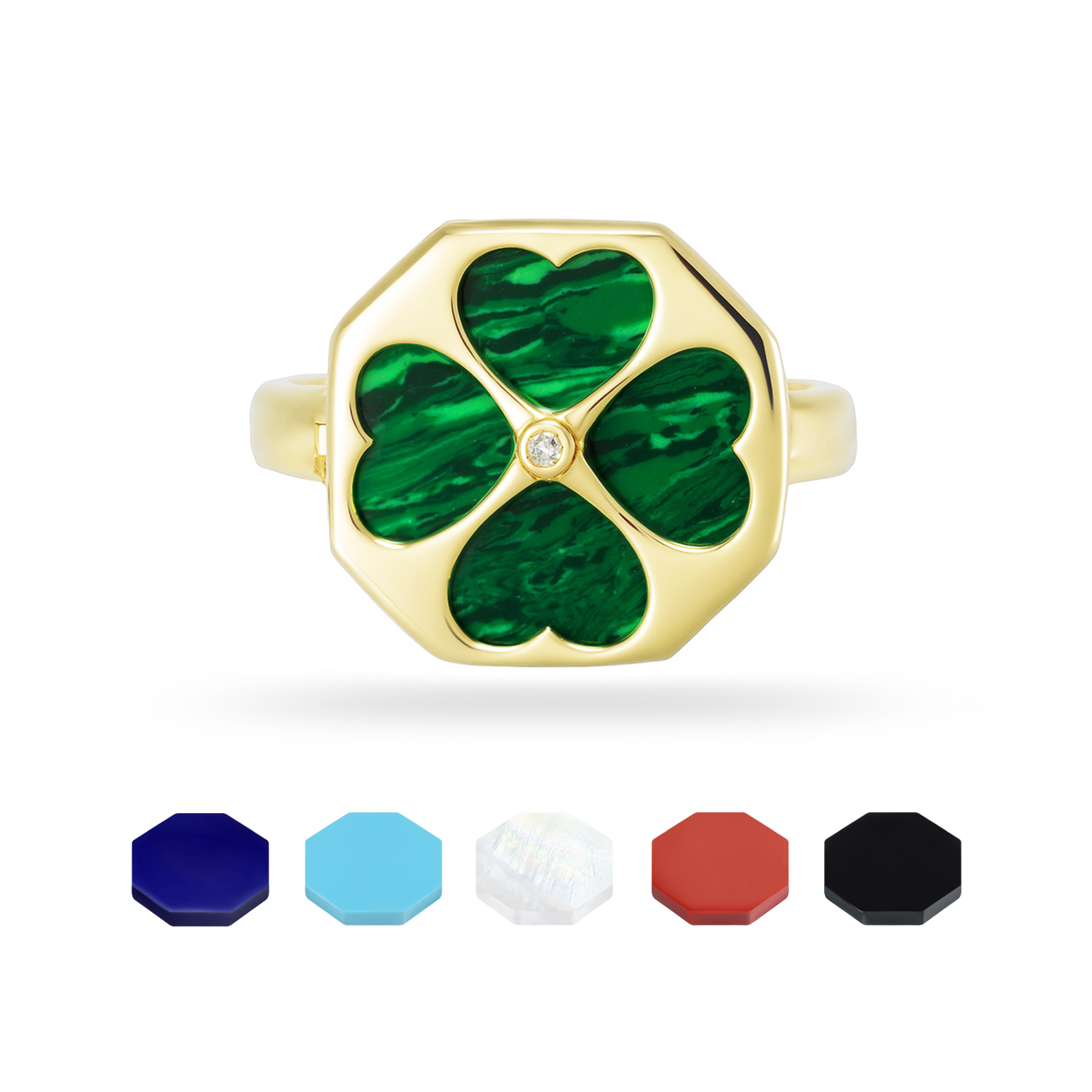 Золотое кольцо "Quatrefoil" с бриллиантами и чейнджерами из перламутра, оникса, малахита, бирюзы, коралла и лазурита