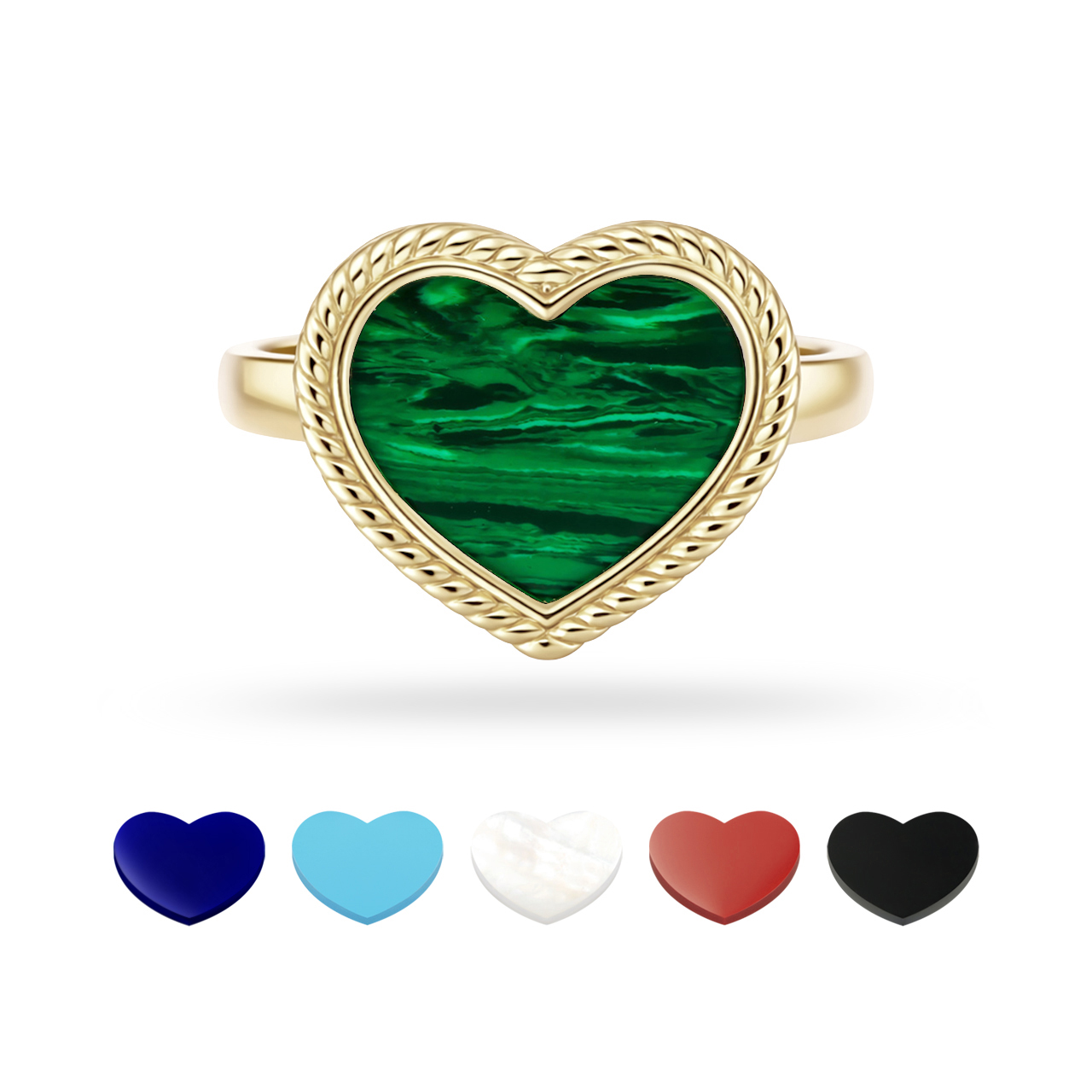 Золотое кольцо "Hearts" с чейнджерами из перламутра, оникса, малахита, бирюзы, коралла и лазурита