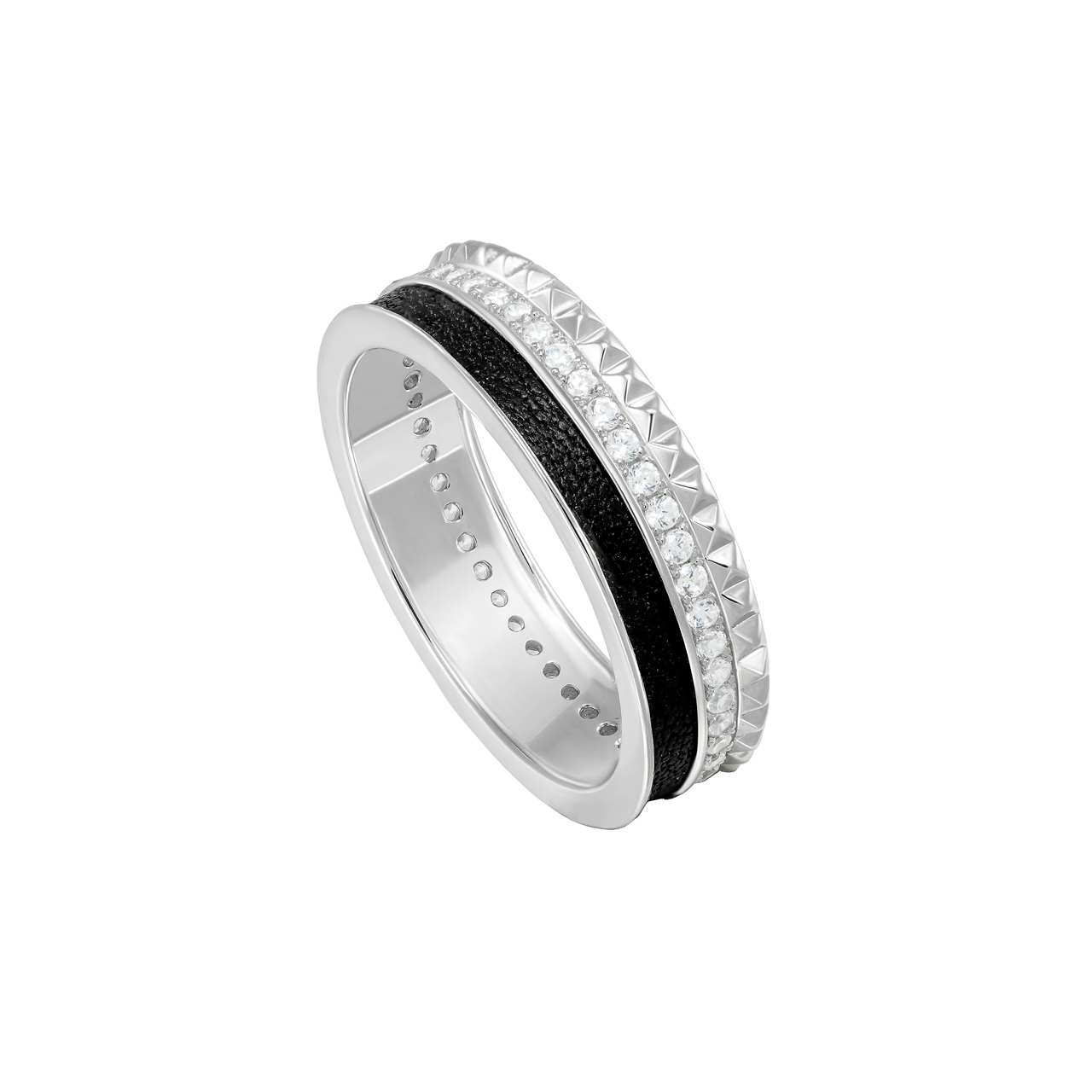 Серебряное кольцо "Black&White" с фианитами и вставкой из кожи