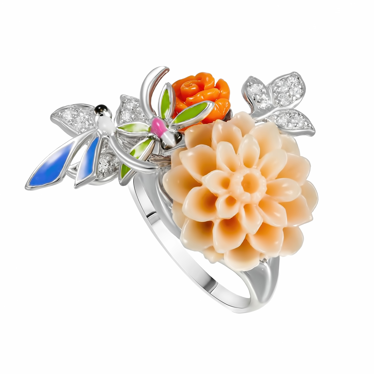 Серебряное кольцо с кораллом и., эмалью и фианитами